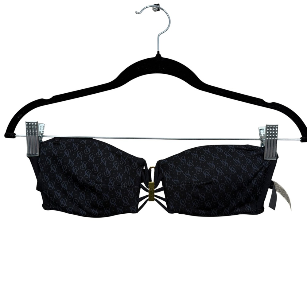 Victoria's Secret Black Monogram Logo Strappy Bandeau Bikini Top Size SP